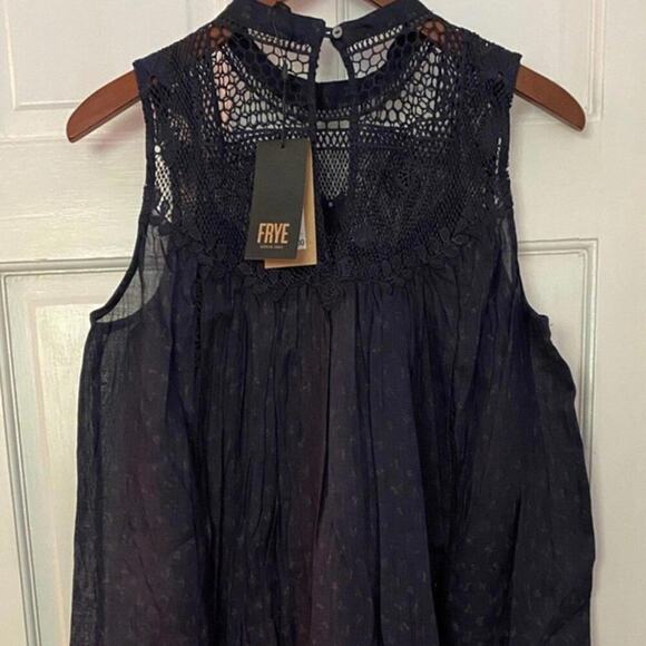Frye Navy Blue Sleeveless Lace Yoke Dress Loose Fit Small Medium Rare NWT - Picture 8 of 9